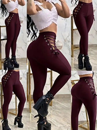 TUA MODA Kadın Yüksek Bel çapraz Bağcıklı Tül Detaylı Dalgıç Tayt