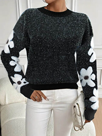 TUA MODA Kadın Uzun Kollu Bisiklet Yaka çiçek Desenli Triko Bluz