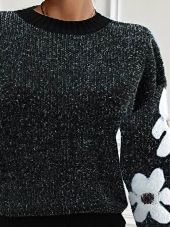 TUA MODA Kadın Uzun Kollu Bisiklet Yaka çiçek Desenli Triko Bluz