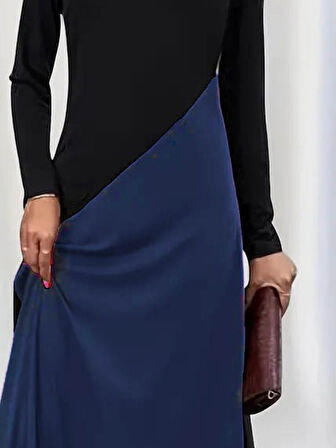 TUA MODA Kadın Uzun Kollu V Yakalı Blok Desenli Viskon Elbise