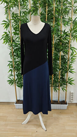 TUA MODA Kadın Uzun Kollu V Yakalı Blok Desenli Viskon Elbise