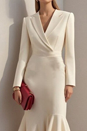 TUA MODA Kadın Uzun Kollu Yakalı Belden Oturtmalı Midi Ithal Krep Elbise