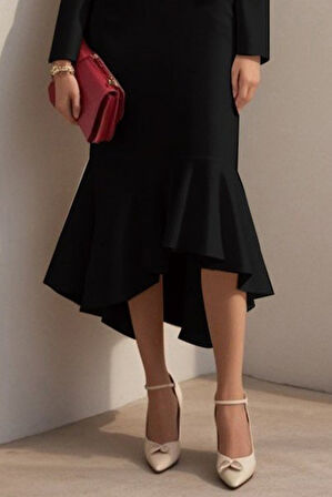 TUA MODA Kadın Uzun Kollu Yakalı Belden Oturtmalı Midi Ithal Krep Elbise