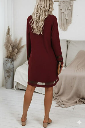 TUA MODA Kadın Uzun Kollu V Yakalı Tül şerit Detaylı Mini Krep Elbise