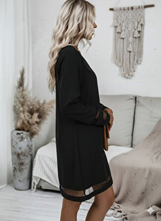 TUA MODA Kadın Uzun Kollu V Yakalı Tül şerit Detaylı Mini Krep Elbise