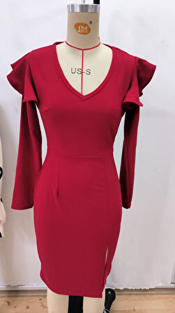 TUA MODA Kadın Uzun Kollu V Yakalı Yandan Yırtmaçlı Midi Ithal Krep Elbise