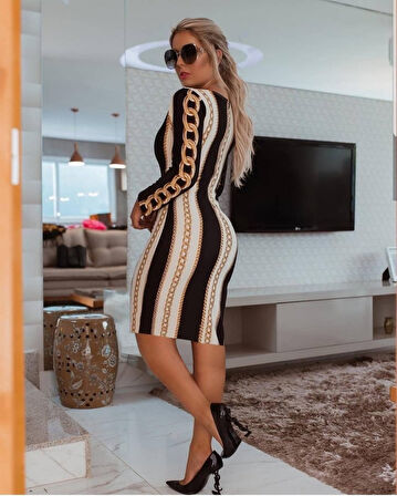 TUA MODA Kadın Uzun Kollu Bisiklet Yaka Scuba Midi Boy Elbise