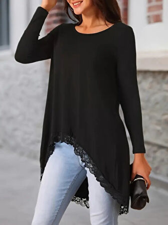 TUA MODA Kadın Uzun Kollu Bisiklet Yaka Asimetrik Kesim Detaylı Dantelli Viskon Bluz