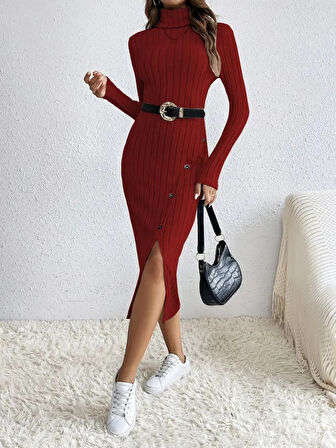 TUA MODA Kadın Uzun Kollu Balıkçı Yaka Yırtmaçlı Düğmeli şardonlu Kaşkorse Elbise