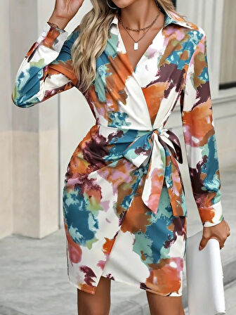 TUA MODA Kadın Uzun Kollu Yakalı Yandan Bağlamalı Mini Desenli Modal Elbise
