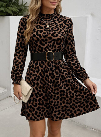 TUA MODA Kadın Uzun Kollu Yarı Balıkçı Yaka Leopar Desenli Kadife Elbise