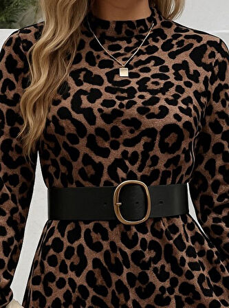 TUA MODA Kadın Uzun Kollu Yarı Balıkçı Yaka Leopar Desenli Kadife Elbise