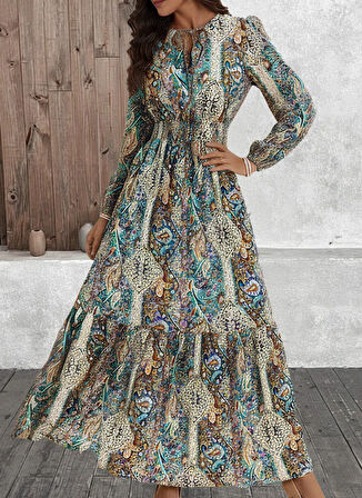 TUA MODA Kadın Uzun Kollu Uakadabağcıklı Beli Lastikli Desenli Uzun Süprem Elbise