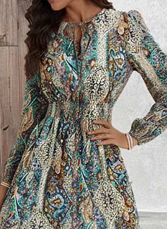 TUA MODA Kadın Uzun Kollu Uakadabağcıklı Beli Lastikli Desenli Uzun Süprem Elbise