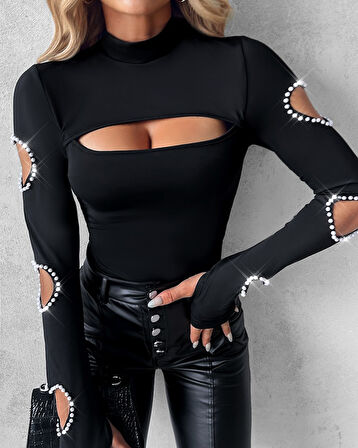 TUA MODA Kadın Uzun Kollu Yarı Balıkçı Yaka Pencere Detaylı Kolları Kalp Desen Taşlı Viskon Bluz