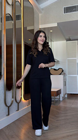 TUA MODA Kadın Kısa Kollu Yakalı Viskon Iki Iplik Bluz Ve Pantolon Ikili Takım