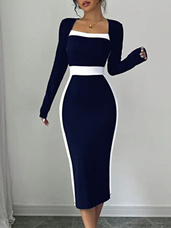 TUA MODA Kadın Uzun Kollu Geometrik Yaka Midi Ithal Krep Elbise