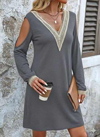 TUA MODA Kadın Uzun Kollu Omuzdan Açık V Dantel Yakalı Mini Waffle Elbise