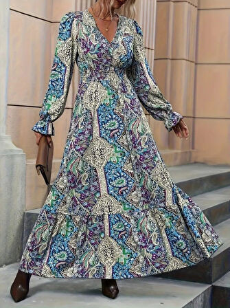 TUA MODA Kadın Uzun Kollu Kruvaze Yakalı Desenli Süprem Maxi Elbise