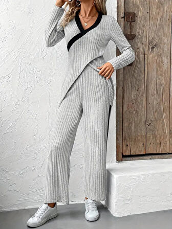 TUA MODA Kadın Uzun Kollu V Yakalı çapraz Detaylı şardonlu Kaşkorse Bluz Ve Pantolon Ikili Takım