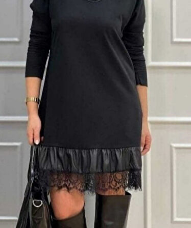 TUA MODA Kadın Uzun Kollu Bisiklet Yaka Etek Ucu Deri Dantelli Viskon Iki Iplik Midi Elbise