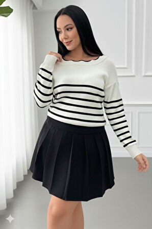 TUA MODA Kadın Beyaz Sırt Bağlama Detaylı çizgi Desen Triko Bluz