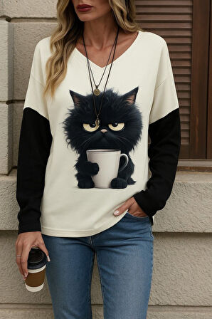 TUA MODA Kadın Uzun Kollu V Yakalı Kedi Baskılı şardonlu Dalgıç Bluz