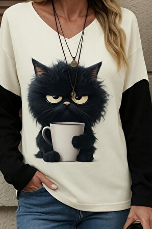 TUA MODA Kadın Uzun Kollu V Yakalı Kedi Baskılı şardonlu Dalgıç Bluz