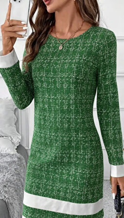 TUA MODA Kadın Uzun Kollu Yuvarlak Yaka Etek Ucu şerit Detaylı Mini Dokuma Elbise