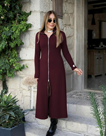 TUA MODA Kadın Uzun Kollu önden Fermuarlı Maxi Viskon Iki Iplik Elbise