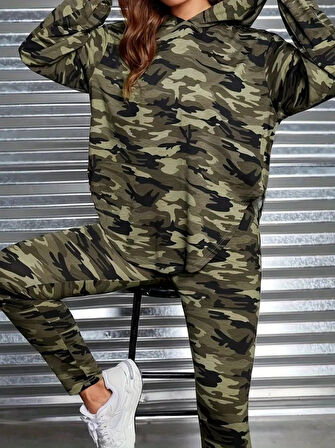 TUA MODA Kadın Uzun Kollu Kapşonlu Kamuflaj Desenli Bluz Ve Pantolon Tayt Ikili Takım