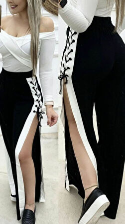 TUA MODA Kadın Yüksek Bel Yandan çapraz Bağcıklı Yırtmaçlı Viskon Iki Iplik Pantolon