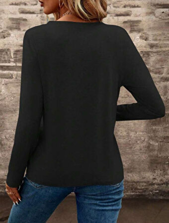 TUA MODA Kadın Uzun Kollu Cepli V Yakalı Viskon Iki Iplik Bluz