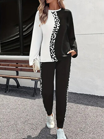 TUA MODA Kadın Uzun Kollu Bisiklet Yaka çift Renkli Viskon Iki Iplik Bluz Ve Pantolon Ikili Takım