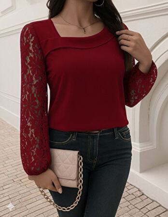 TUA MODA Kadın Uzun Kollu Asimetrik Yakalı Dantelli Ithal Krep Bluz