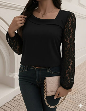 TUA MODA Kadın Uzun Kollu Asimetrik Yakalı Dantelli Ithal Krep Bluz