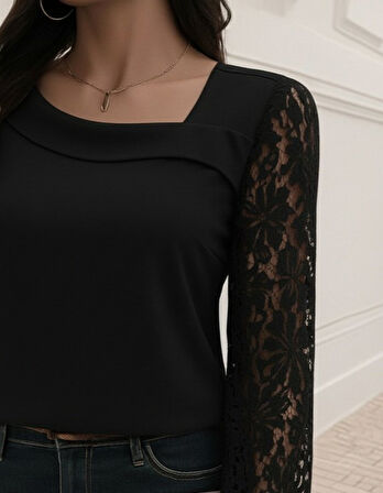 TUA MODA Kadın Uzun Kollu Asimetrik Yakalı Dantelli Ithal Krep Bluz