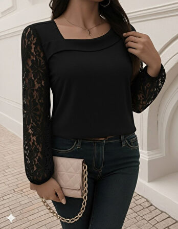 TUA MODA Kadın Uzun Kollu Asimetrik Yakalı Dantelli Ithal Krep Bluz