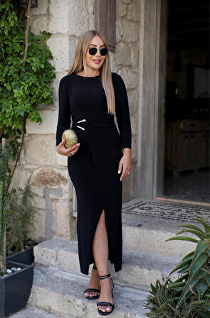 TUA MODA Kadın Uzun Kollu önden çapraz Detaylı Yandan Toka Detaylı Uzun Sandy Elbise