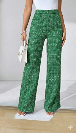 TUA MODA Kadın Yüksek Bel Paçaya Doğru Geniş Dokuma Pantolon