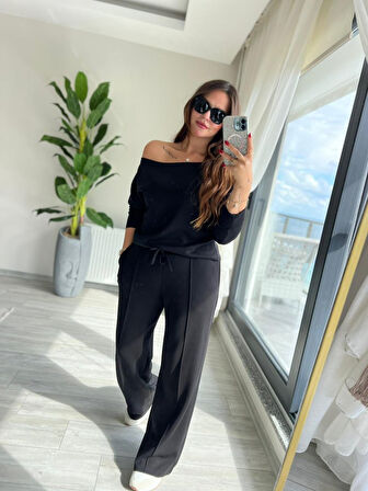 TUA MODA Kadın Uzun Kollu Tek Omuzdan Açık Modal Bluz Ve Pantolon Ikili Takım