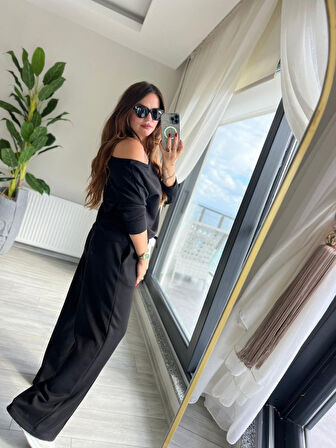 TUA MODA Kadın Uzun Kollu Tek Omuzdan Açık Modal Bluz Ve Pantolon Ikili Takım