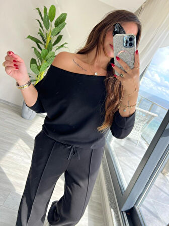 TUA MODA Kadın Uzun Kollu Tek Omuzdan Açık Modal Bluz Ve Pantolon Ikili Takım