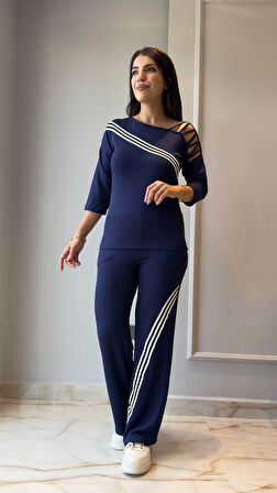 TUA MODA Kadın Uzun Kollu Truvakar Kol Tek Omuz çapraz şerit Detaylı Ribanalı Viskon Iki Iplik Bluz 