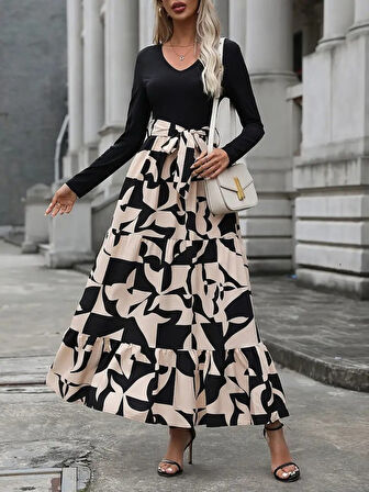 TUA MODA Kadın Uzun Kollu Bisiklet Yaka Uzun Elbise