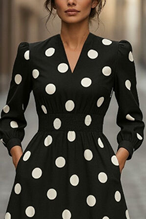 TUA MODA Kadın Uzun Kollu V Yakalı Beli Lastikli Puantiyeli Uzun Krep Elbise