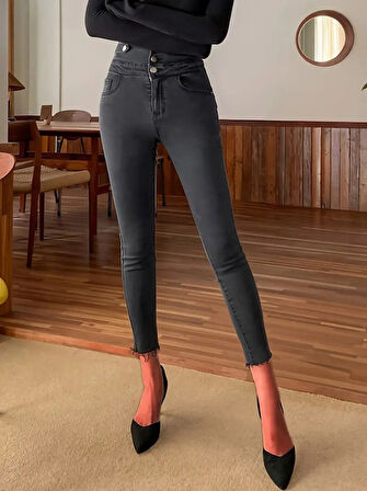 TUA MODA Kadın Yüksek Bel önden Düğmeli Cepli Dar Kesim Detaylı Kot Pantolon