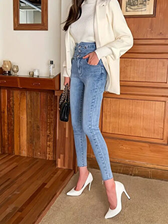 TUA MODA Kadın Yüksek Bel önden Düğmeli Cepli Dar Kesim Detaylı Kot Pantolon