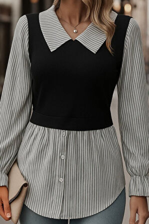 TUA MODA Kadın Uzun Kollu Yakalı önden Düğmeli Ottoman Bluz