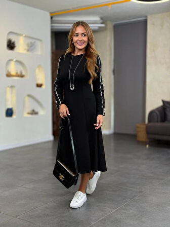 TUA MODA Kadın Uzun Kollu Bisiklet Yaka Midi Modal Elbise